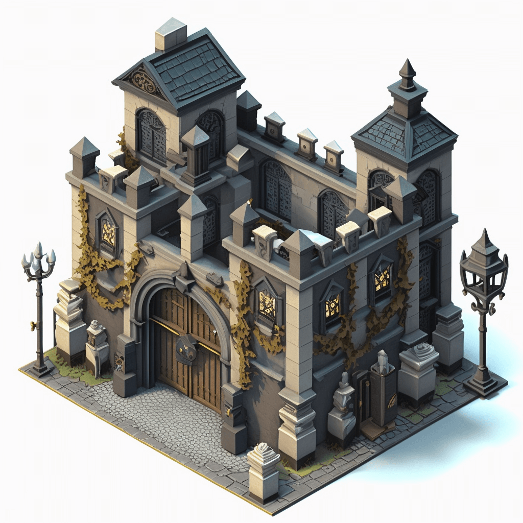 Midjourney - Isometric art of a single building on a white background: The Jubilous Forge looks like a large, imposing structure, with walls of gray stone reaching two stories high. The windows are framed by intricate patterns of wrought iron and the door is adorned with a bright, golden door knocker. The outdoor walls are decorated with vibrant murals of blacksmiths and alchemists at work, lit up by the warm glow of nearby forge fires.