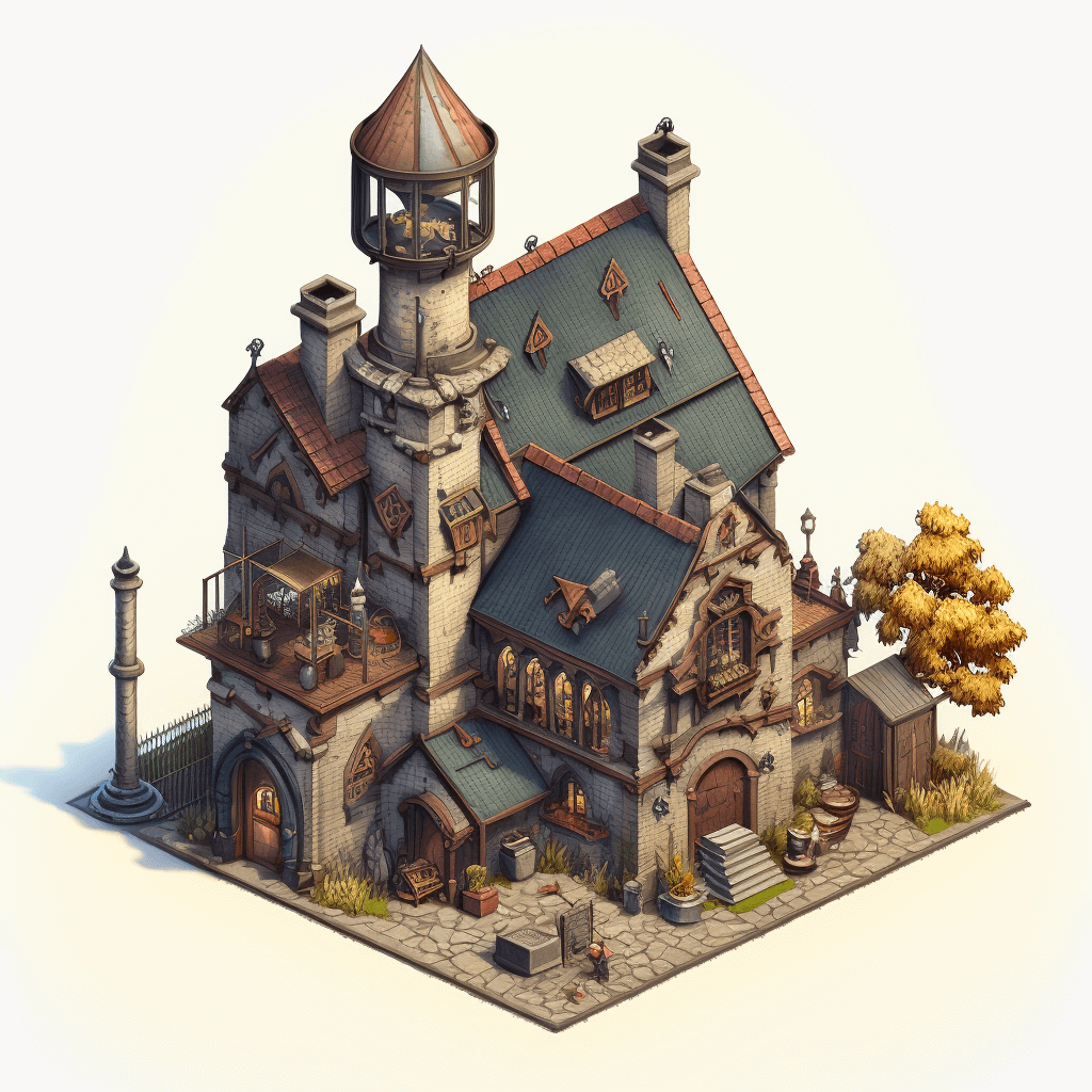 Midjourney - Isometric rendering of single building on a white background: Jubilous Forge: A bustling forge bustling with laughter and the smell of hot metal forges and alchemical potions, with ornate decorations on its two-story walls.