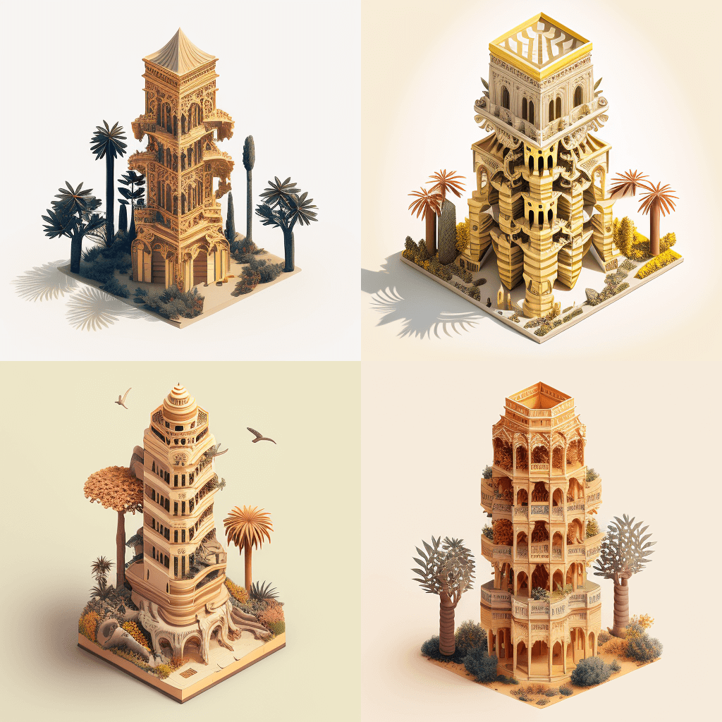 Midjourney - Isometric rendering of a single building on a white background: The Zigzag Tower looks like a towering pillar of grandeur that sharply cuts into the sky, with its unique zigzag facade. Its yellow-brown hues blend with its natural surroundings, giving off a sense of harmony with the environment. It is adorned with intricate carvings and sculptures of animals and plants that make it seem to come alive in its own right.